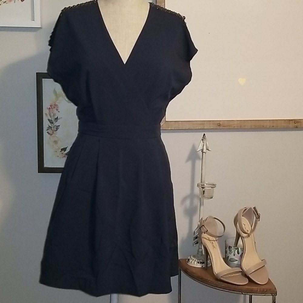 Fun Navy V-Neck Dress with 'Diamond Studs'